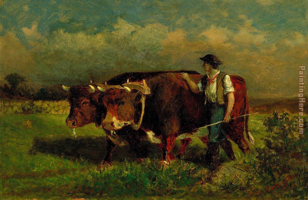 man with two oxen painting - Edward Mitchell Bannister man with two oxen art painting